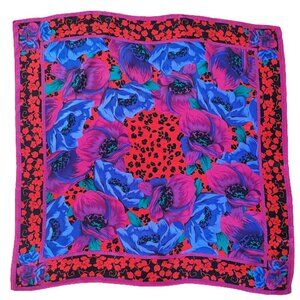 Silk Scarf Poppies In Vibrant Colors Floral Poppies And Botanicals Red, Royal Bl